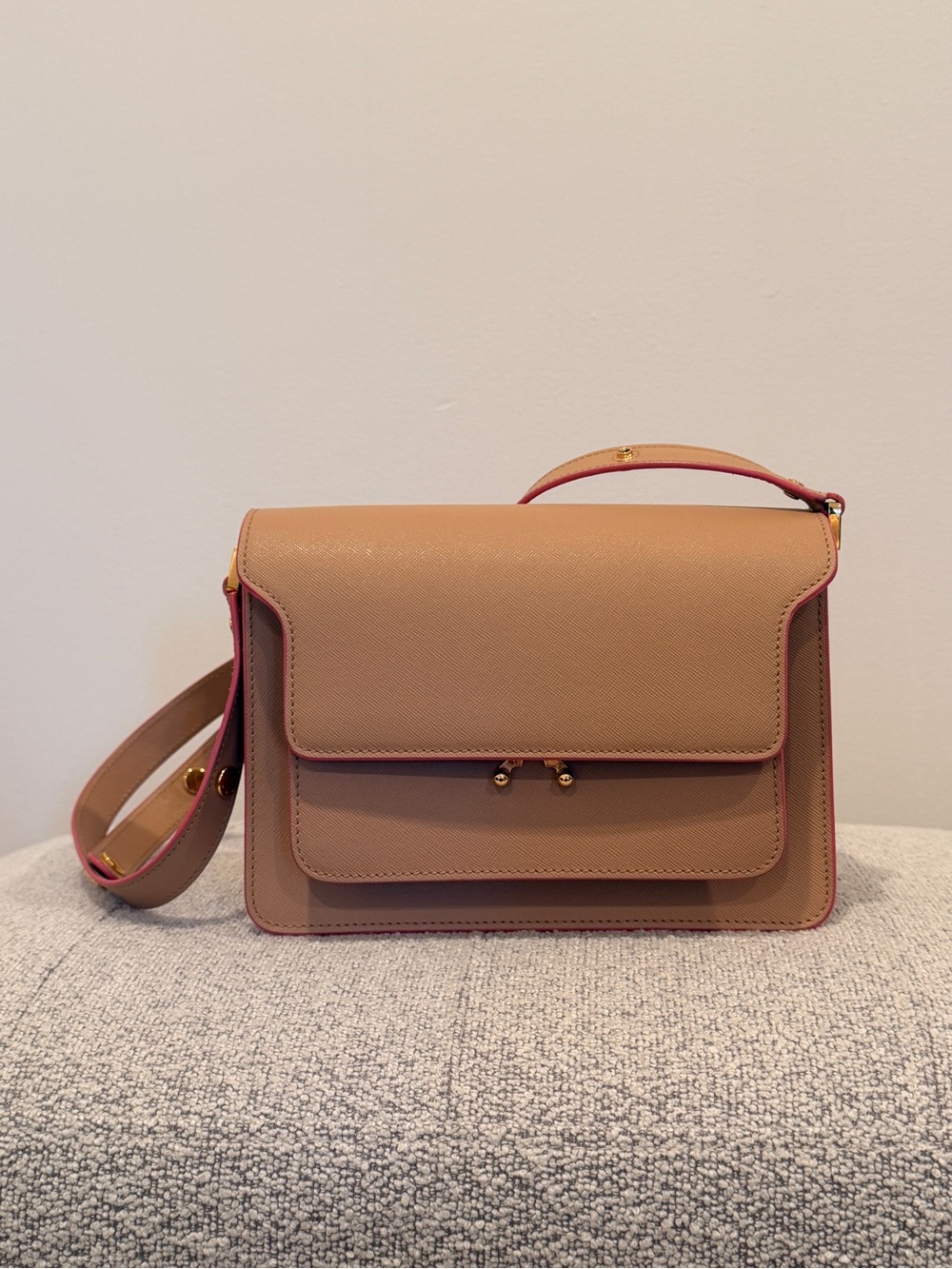 Marni Tan Crossbody Bag with Pink Trim
